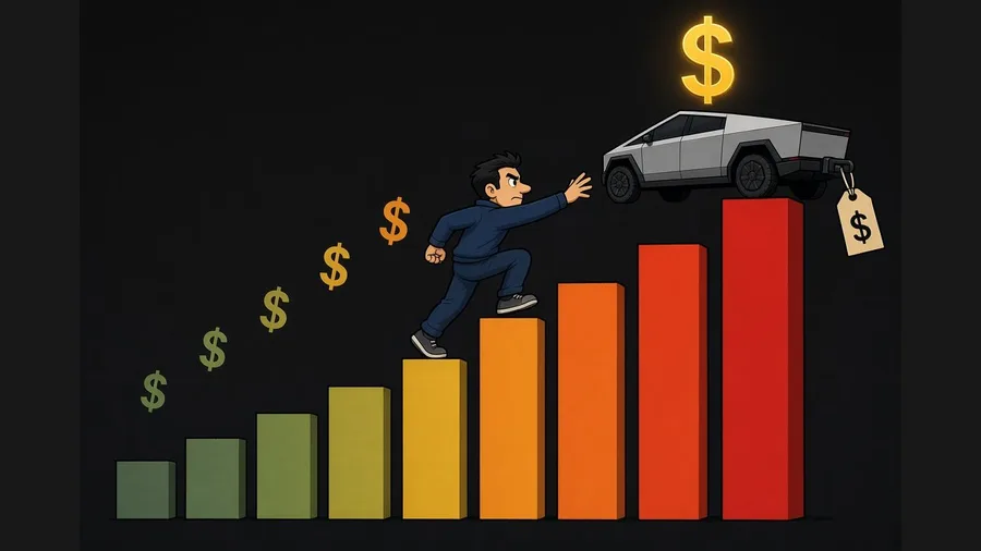 Cartoon editorial illustration: a buyer climbs the bars of a chart like stairs as they shift from faded green to warning red, reaching for an angular cartoon Cybertruck perched on the tallest red bar with a price tag hanging from its hitch