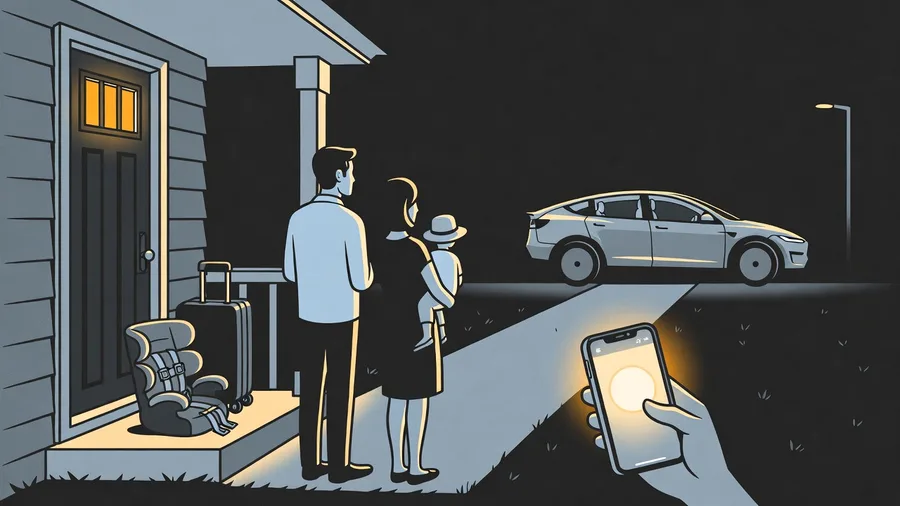 Cartoon editorial illustration: a family stands at their front door at dusk beside a suitcase and a child's booster seat, watching an empty driveway, while a phone in the foreground glows with a circled calendar date and a car sits far off under a streetlight