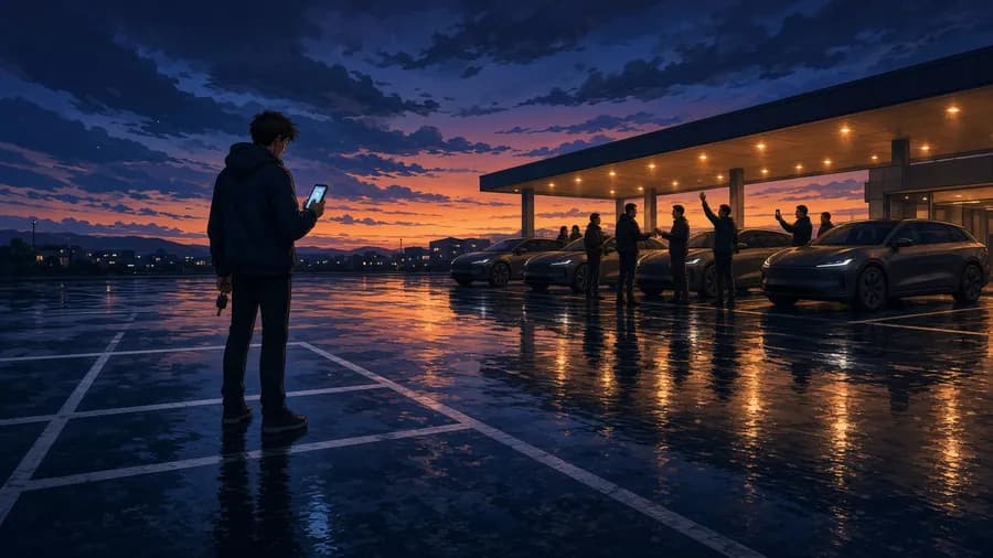 Cartoon editorial illustration at dusk: a lone figure stands with their back to us in an empty marked parking bay on wet asphalt, car keys hanging from one hand and a phone glowing in the other, while to the right a lit delivery centre hands cars over beneath an amber canopy, one person mid-handshake, another with an arm raised, another photographing their new car