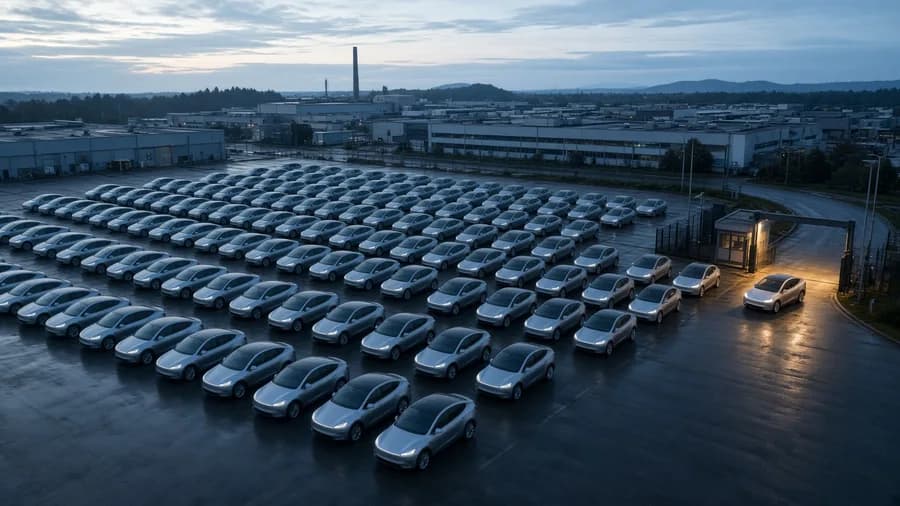 A row of dark numbered delivery bays at dawn, one bay lit amber over a waiting car under cover