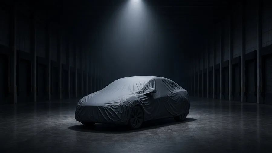 A car under a gray cover alone in a vast empty delivery hall, lit by a single overhead light