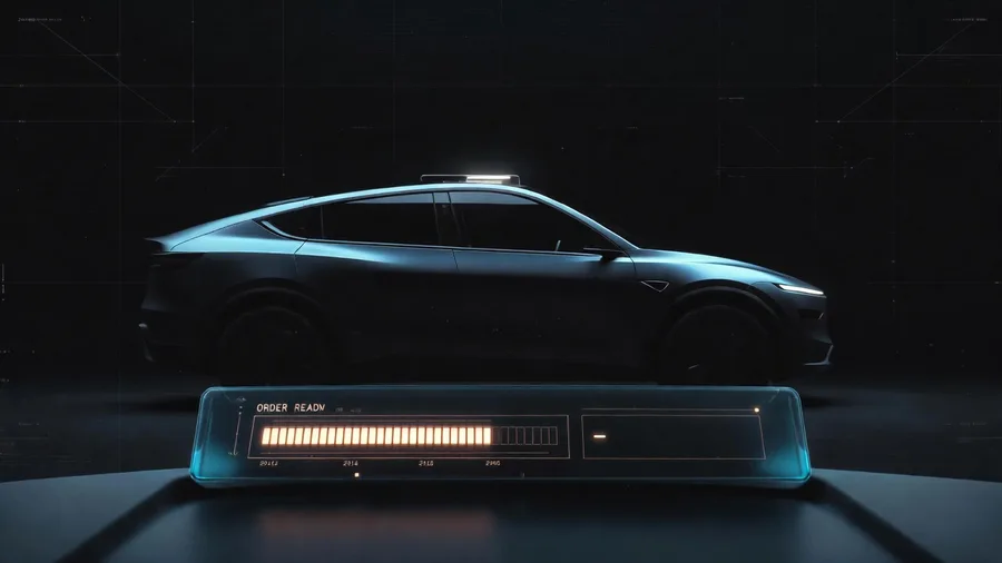 A Tesla Model Y L order screen showing a delivery window and an empty VIN line, rendered in a dark console style