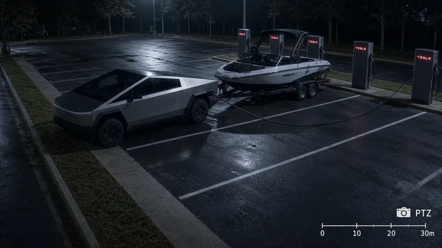 Illustration in a security-camera style: a Cybertruck with a boat trailer angled awkwardly across a Supercharger lot at night, two wheels up on a curb strip