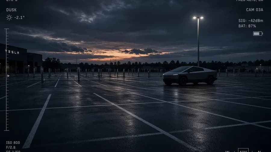 Illustration in a security-camera style: a nearly empty Tesla lot at dusk, wet asphalt, one lone Cybertruck parked under a light pole