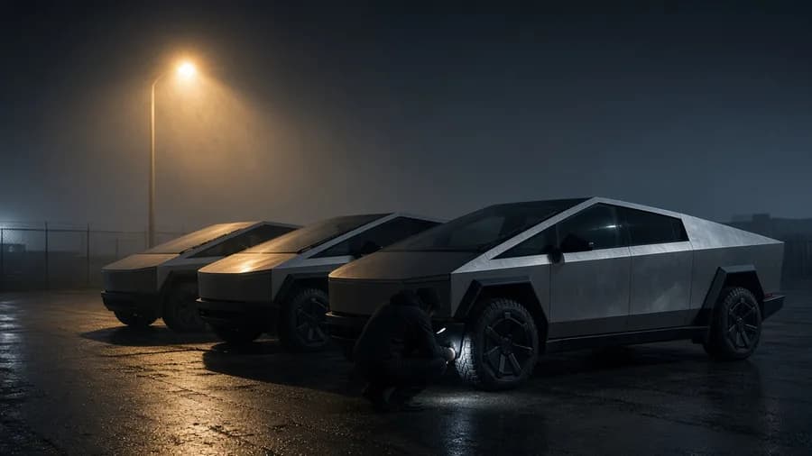Photoreal night scene: three angular stainless-steel pickup trucks in a row on a wet, foggy lot under a single amber lamp, a lone figure crouched with a flashlight inspecting the nearest truck's front wheel