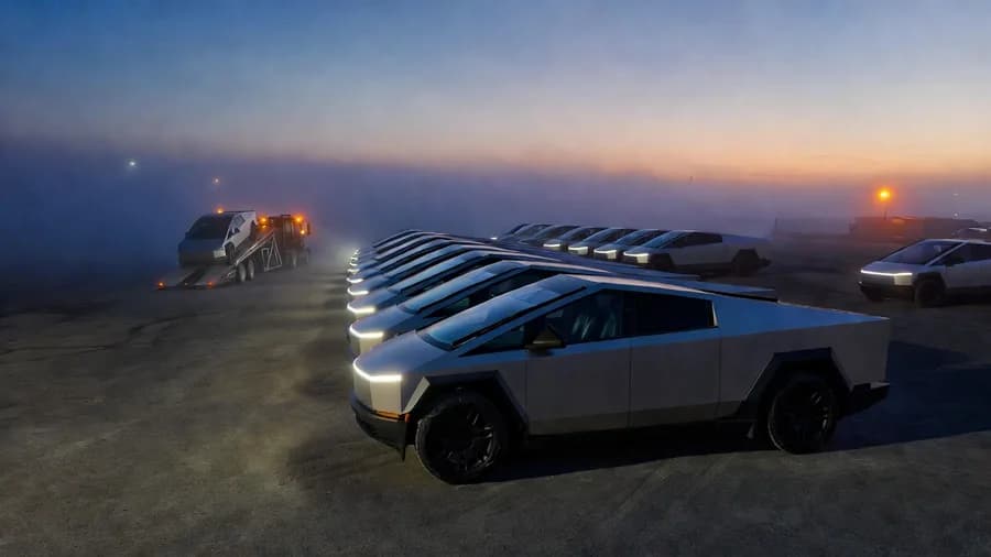 Photoreal dawn scene: a long row of angular stainless-steel pickup trucks receding into morning fog on a delivery staging lot, a car hauler unloading one more truck in the background, a single amber lot lamp still lit