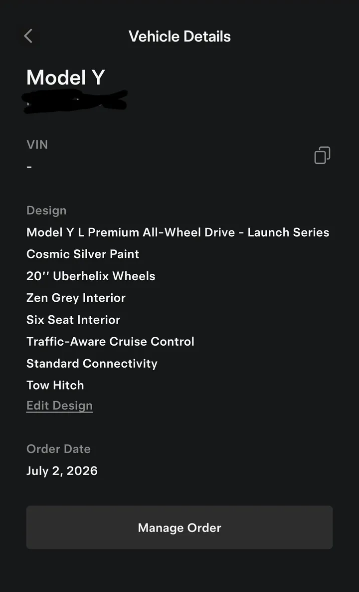 Tesla app vehicle details showing an order date of July 2, 2026 and an empty VIN field