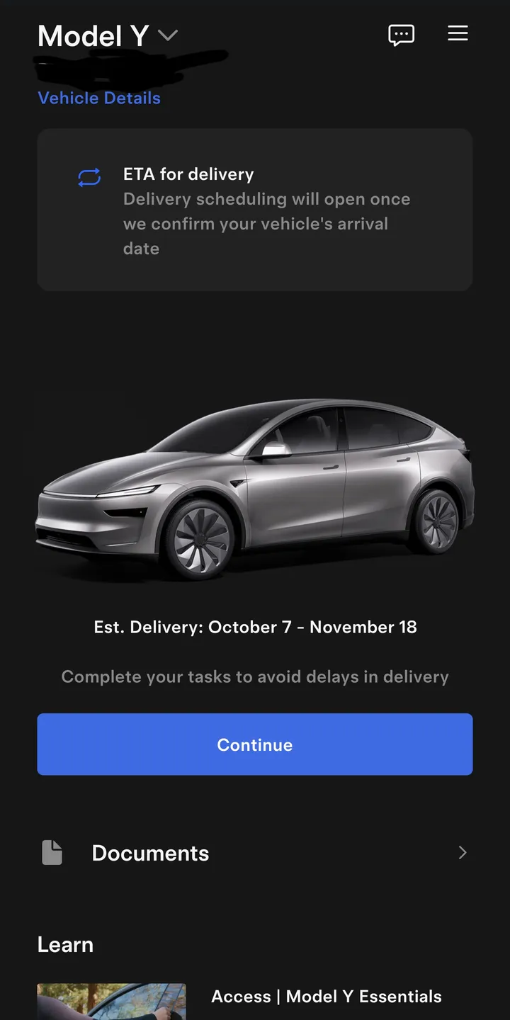 Tesla app order screen showing Est. Delivery October 7 to November 18